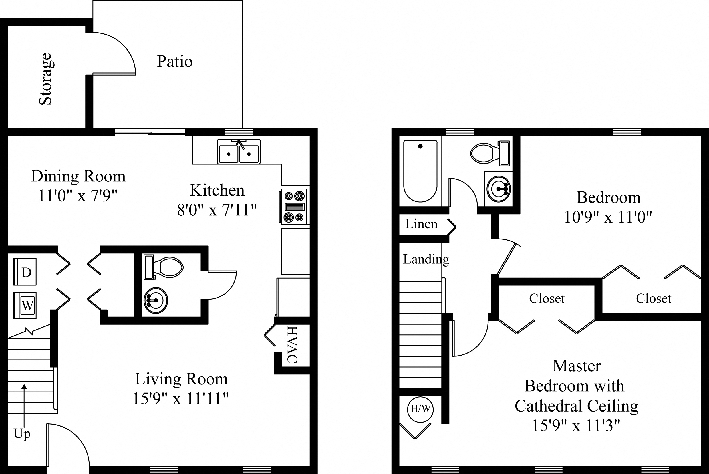 Floor plan for 2 beds, 1.5 baths, 970 sqft